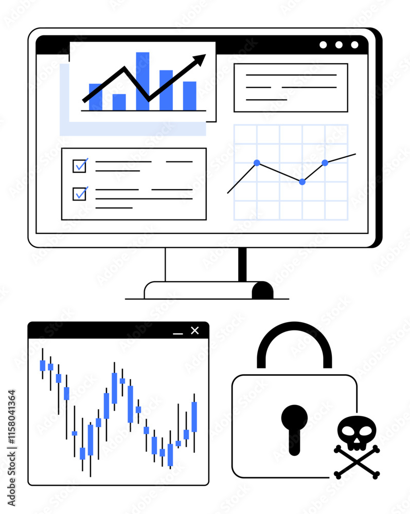 Business team analyzing statistics on a digital dashboard. Includes bar charts, line graphs, checklist, lock icon, skull and bones for security. Ideal for analytics, finance, cyber-security IT data Business team analyzing statistics on a digital dashboard. Includes bar charts, line graphs, checklist, lock icon, skull and bones for security. Ideal for analytics, finance, cyber-security IT data