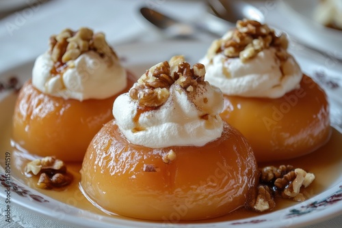 Classic Turkish quince dessert soft cooked quince topped with syrup cream and walnuts A favored treat Ayva Tatlisi photo