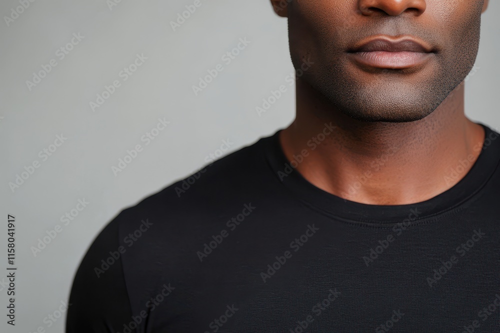 Obraz premium Close up of a man wearing a black t shirt against a grey backdrop