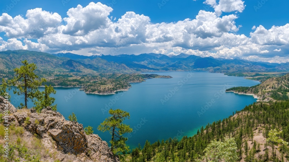 Scenic lake view surrounded by mountains and clouds. Scenic lake view surrounded by mountains and clouds.
