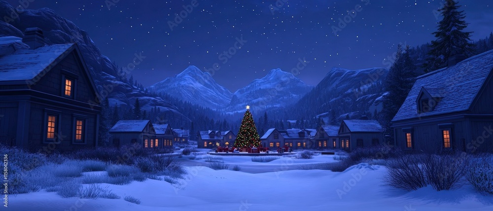 Fototapeta premium A serene winter scene depicting a snowy village at night, with a decorated Christmas tree at its center, surrounded by quaint houses and mountains under a starry sky.