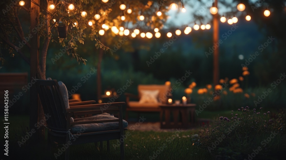 Cozy outdoor seating area at night, illuminated by string lights. Cozy outdoor seating area at night, illuminated by string lights.