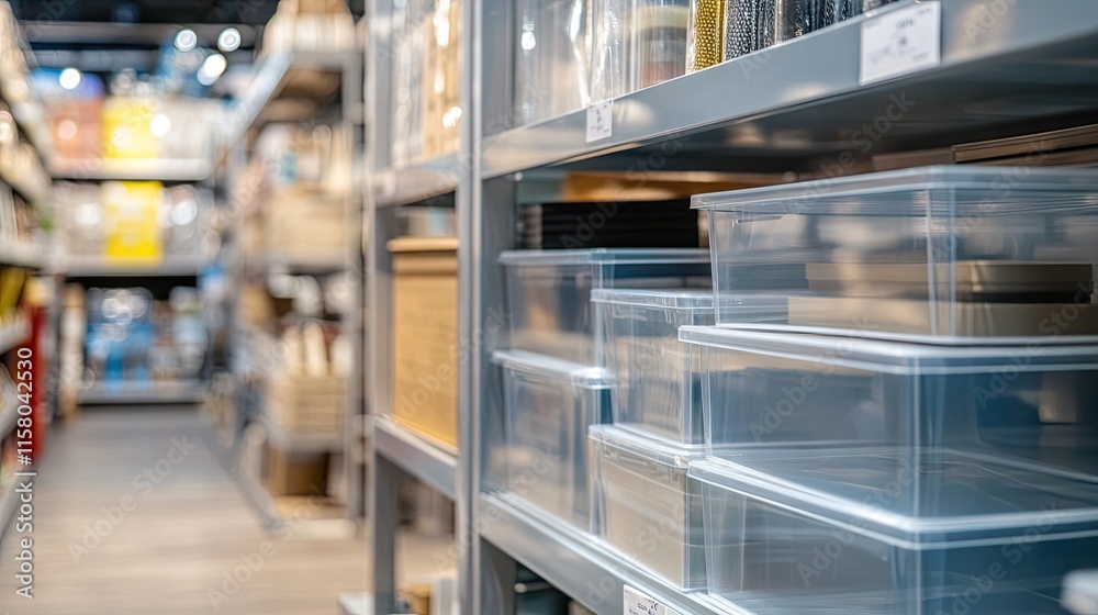 Clear Storage Bins Organized on Shelves in Modern Retail Environment Clear Storage Bins Organized on Shelves in Modern Retail Environment