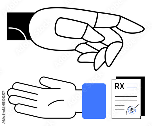 Robotic hand passing a prescription to a human hand. Ideal for healthcare, innovation, technology, robotics, automation, medicine, and futuristic themes. Line metaphor