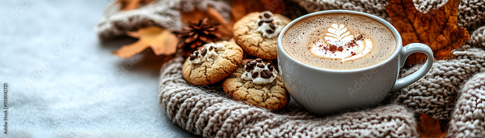 Cozy Autumn Latte Photo: Warm Drink with Cookies and Knitted Blanket Cozy Autumn Latte Photo: Warm Drink with Cookies and Knitted Blanket