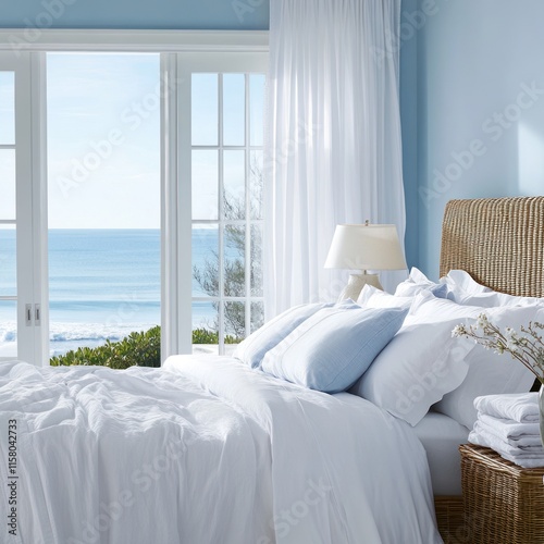 Serene coastal bedroom with white bedding, ocean view, and light blue walls.