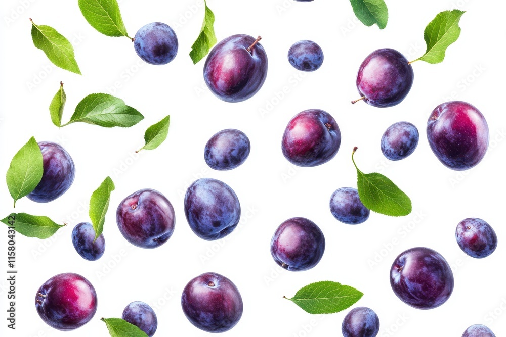 Collection of fresh whole and sliced plums with leaves isolated on a white background High resolution photo Collection of fresh whole and sliced plums with leaves isolated on a white background High resolution photo