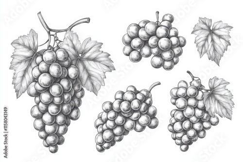 Collection of grape clusters Isolated grape components on white Botanical elements separated on white Vector illustration sketch