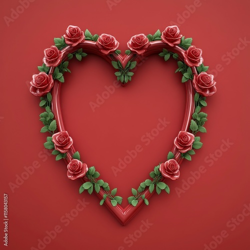 The image features a decorative heart shape made of red roses and green leaves against a solid red background, symbolizing love and romance.