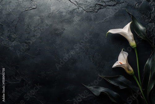 Condolence card featuring calla lilies on a black background isolated for emphasis