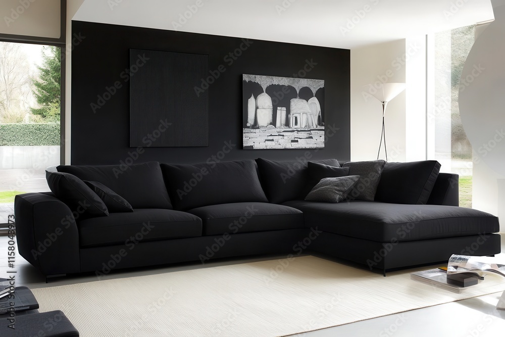 contemporary living space with dark couch contemporary living space with dark couch