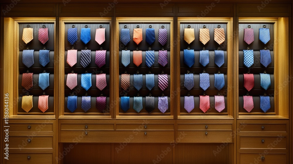 Stylish Collection of Ties Displayed in a Wooden Cabinet Stylish Collection of Ties Displayed in a Wooden Cabinet