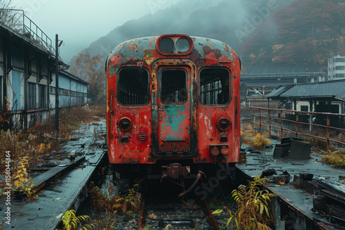 an old, abandoned red train that sits on an overgrown track along an abandoned platform.  photo