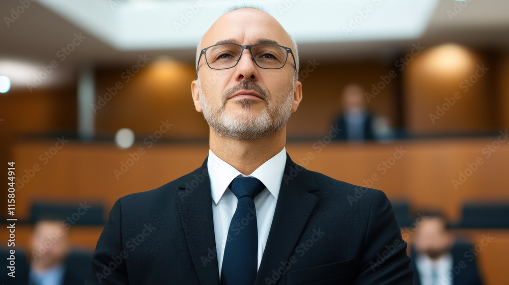 Fototapeta premium confident lawyer stands in courtroom, ready to present case. atmosphere is tense and professional, highlighting seriousness of legal proceedings