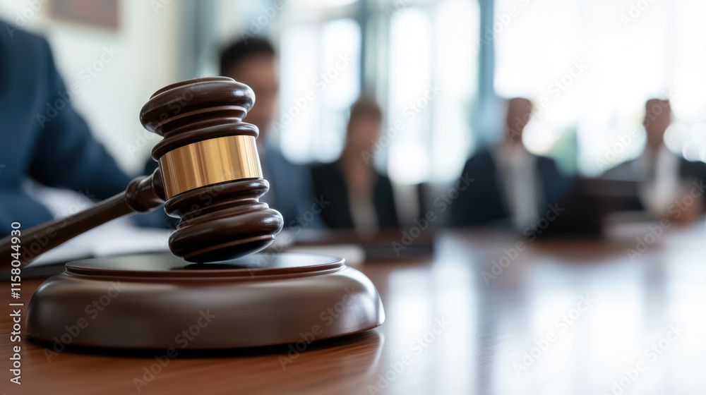 gavel rests on wooden table in conference room, symbolizing legal proceedings. blurred figures of professionals are engaged in discussion gavel rests on wooden table in conference room, symbolizing legal proceedings. blurred figures of professionals are engaged in discussion