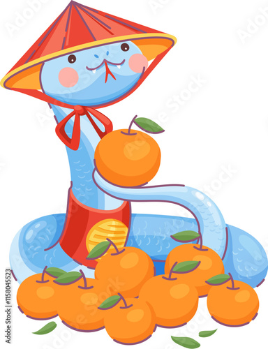 Cute cartoon blue snake character in traditional conical hat curled beside a pile of mandarin fruits and holding one on its tail, symbolize prosperity and good luck for the 2025 Chinese Lunar New Year