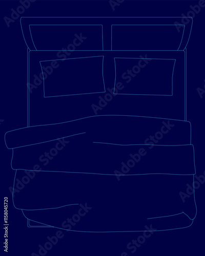 Bed with a blue sheet and pillows. The bed is shown in a blue contour
