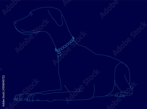 Dog is laying down on a blue background. The dog is wearing a collar. The dog is laying down in a relaxed position