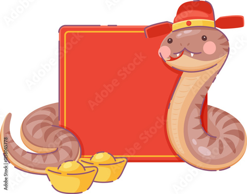 Cheerful cartoon snake wearing a traditional festive Chinese hat with blank red banner or scroll and golden sychee, symbolizing wealth and prosperity for lunar new year or cultural 2025 celebrations