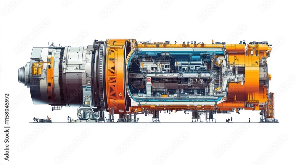 Cross-section view of a large, complex industrial machine, showing internal mechanisms and human figures for scale. Cross-section view of a large, complex industrial machine, showing internal mechanisms and human figures for scale.