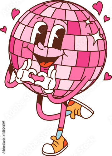 Cartoon groovy Valentine disco ball character showing heart gesture, exuding love vibe. Isolated vector funky personage with trendy hippie sneakers and cheerful expression ready for retro dance party