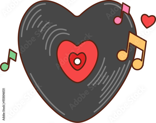 Cartoon groovy groovy heart shaped vinyl disk with musical notes and heart symbols for Valentines Day celebration. Vector disk captures essence of love, romance and retro music with funky y2k vibe