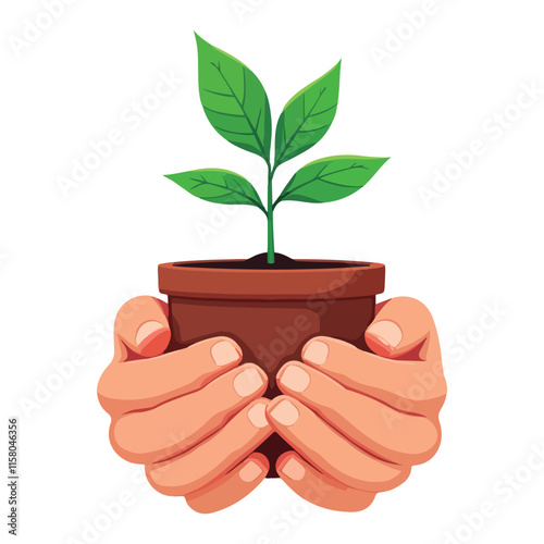 A flat vector illustration isolated on a white backdrop shows two hands holding a young green plant in a container, delivering the plant seeds to the small plant. 
