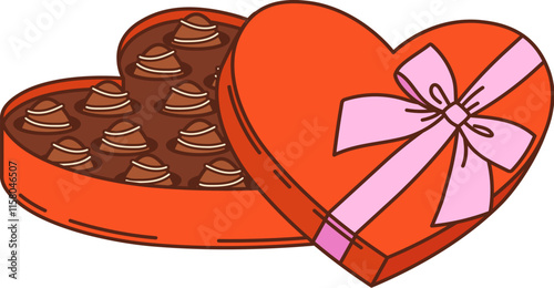 Cartoon groovy valentine heart shaped red box of chocolates adorned with pink ribbon and filled with assorted candies. Isolated vector gift for valentine day, romantic dating, anniversary celebration