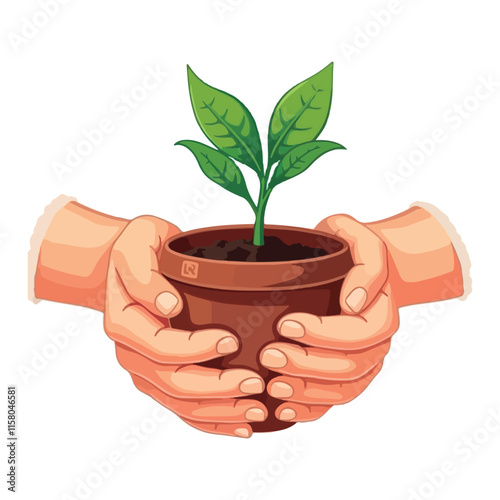 A flat vector illustration isolated on a white backdrop shows two hands holding a young green plant in a container, delivering the plant seeds to the small plant. 
