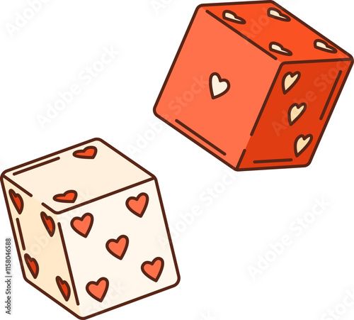 Cartoon groovy Valentine dices with heart dots. Isolated vector vintage retro hippie craps. Cubes for generating random numbers in board, role playing and gambling games, marked with pips on each side