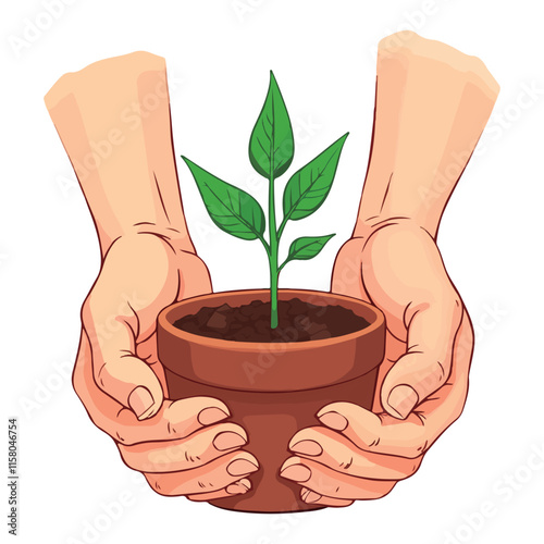 A flat vector illustration isolated on a white backdrop shows two hands holding a young green plant in a container, delivering the plant seeds to the small plant. 
