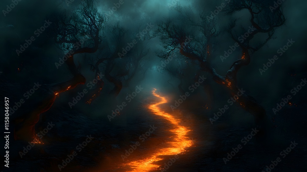 Twisted Nightmare Landscape with Glowing Path Twisted Nightmare Landscape with Glowing Path