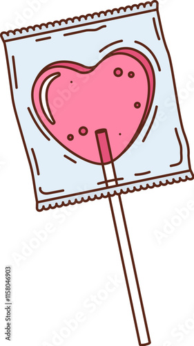 Cartoon groovy valentine heart shaped pink lollipop wrapped in clear packaging with a stick. Isolated vector love symbol, sweet sugar candy for valentines day, sweet treats, cute festive confectionery