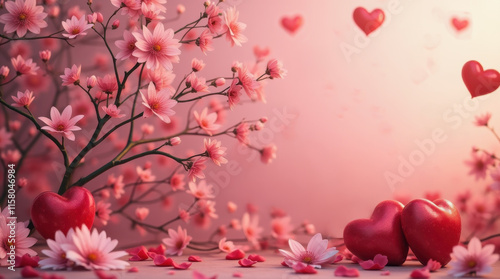 A romantic scene with vibrant pink cherry blossoms, scattered petals, and glossy red heart shapes. A pink gradient background. Valentine’s Day theme. Copy space.