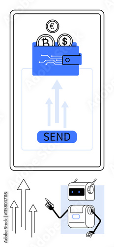 Digital wallet emitting cryptocurrencies, displayed on a mobile screen with SEND button and a helpful robot pointing. Ideal for fintech, blockchain, digital wallets, transactions, tech support