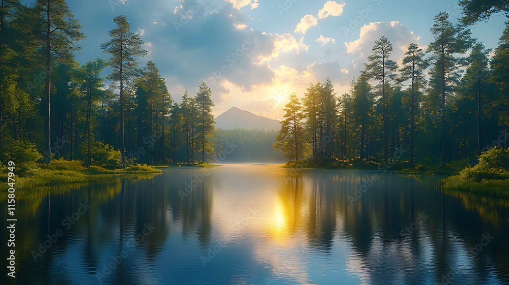 Fototapeta premium Serene sunrise over a calm lake in a pine forest with mountain view.