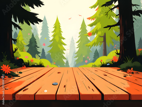 Wood table top on blur pine forest outdoor background.