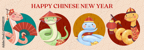 Funny snakes on Chinese Lunar New Year holiday collage, vector banner. Happy Chinese New Year greeting with snakes in hanfu costume and hat with paper lantern, golden ingot sycee and fan for holiday