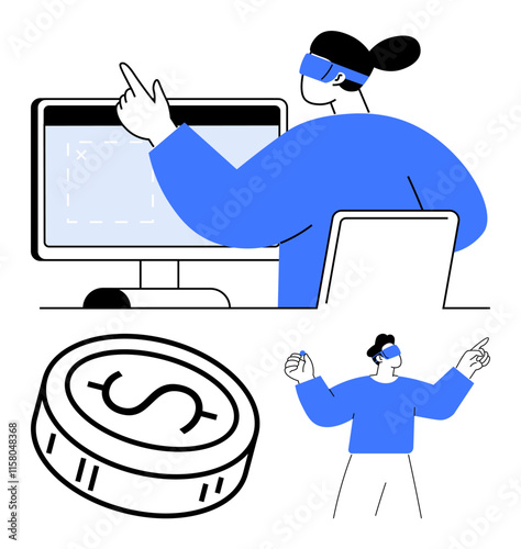 Individuals wearing VR headsets pointing at computer and icons, indicating engagement with digital tools. Ideal for technology, virtual reality, innovation, business, finance, gaming education. Line