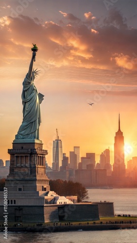 Statue Liberty and  New York city skyline at sunset photo