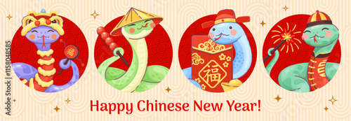 Chinese Lunar New Year snake characters collage for Asian holiday, vector background. Happy Chinese New Year greeting card with funny snakes in Hanfu costume with fireworks and hongbao red envelope
