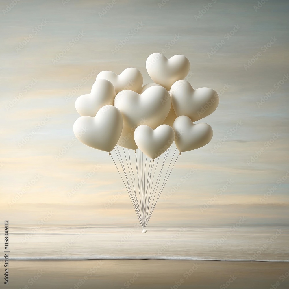 Fototapeta premium Heart Balloons Floating in Sky, Romantic Valentine's Day Scene with Soft Clouds, Love Concept