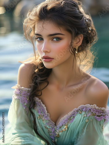 Woman in Soft Green & Lavender Dress by Water with Romantic Look & Natural Light