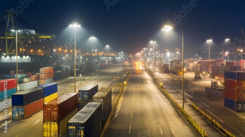 Obraz na płótnie Clear Night View of Shipping Containers under Bright Lights w salonie