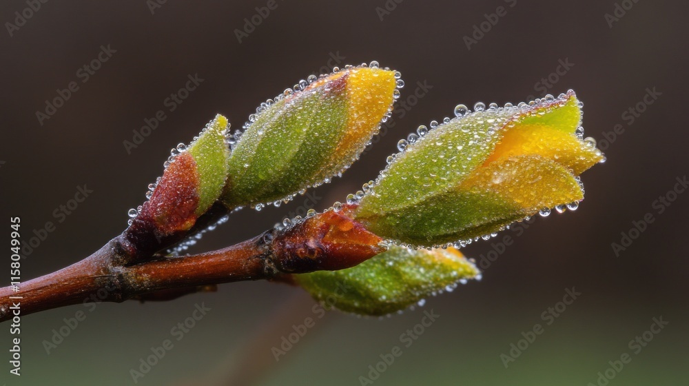 Close-up of budding leaves with dew droplets, showcasing nature's beauty and renewal. Close-up of budding leaves with dew droplets, showcasing nature's beauty and renewal.