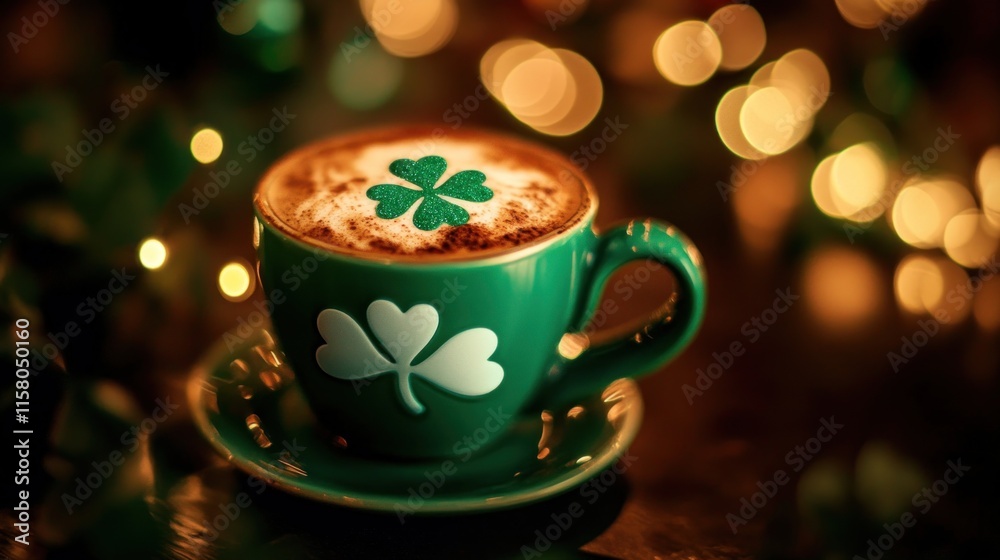 Green mug of cappuccino with shamrock latte art. Green mug of cappuccino with shamrock latte art.