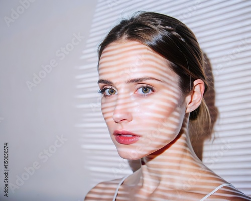 Beautiful girl. Glitched and corrupted female face. Concept of advertising healthy skin, beauty and cosmetology. Model hidden behind mirror pattern. Reeded Glass. Ribbed Background. White isolated photo