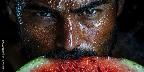 A creative portrait where a man’s face becomes a juicy watermelon slice, symbolizing refreshment and summer vibes. Ideal for food and beverage themes or seasonal designs. photo