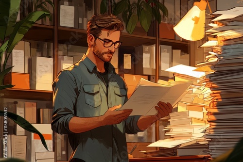 Cozy Office Scene with Cartoon Style Review of Contracts