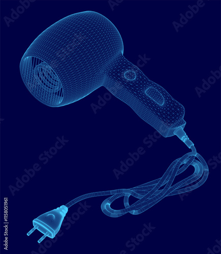 Stylized image of a hair dryer with a blue background. The image is abstract and has a futuristic feel to it